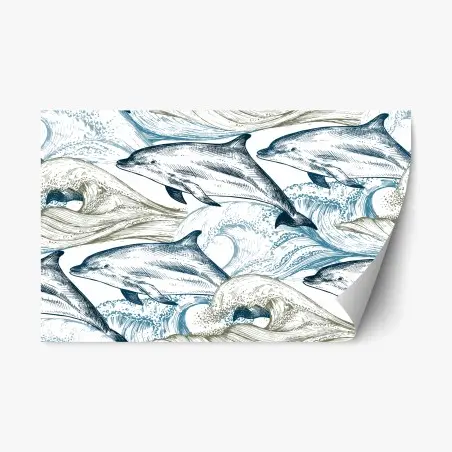 Pegatina reposicionable delfines y olas en estilo grabado – Pixers®
