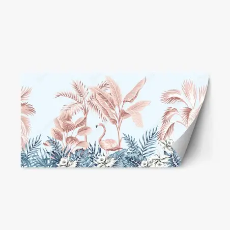 Pegatina reposicionable escena tropical con flamenco en tonos rosa y azul – Pixers®