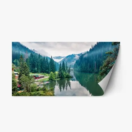 Pegatina reposicionable paisaje sereno de Lacu Roșu al amanecer – Pixers®