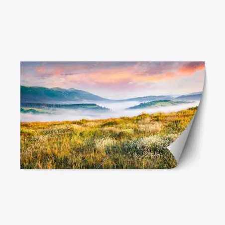 Pegatina reposicionable amanecer brumoso en la sierra de Borzhava – Pixers®