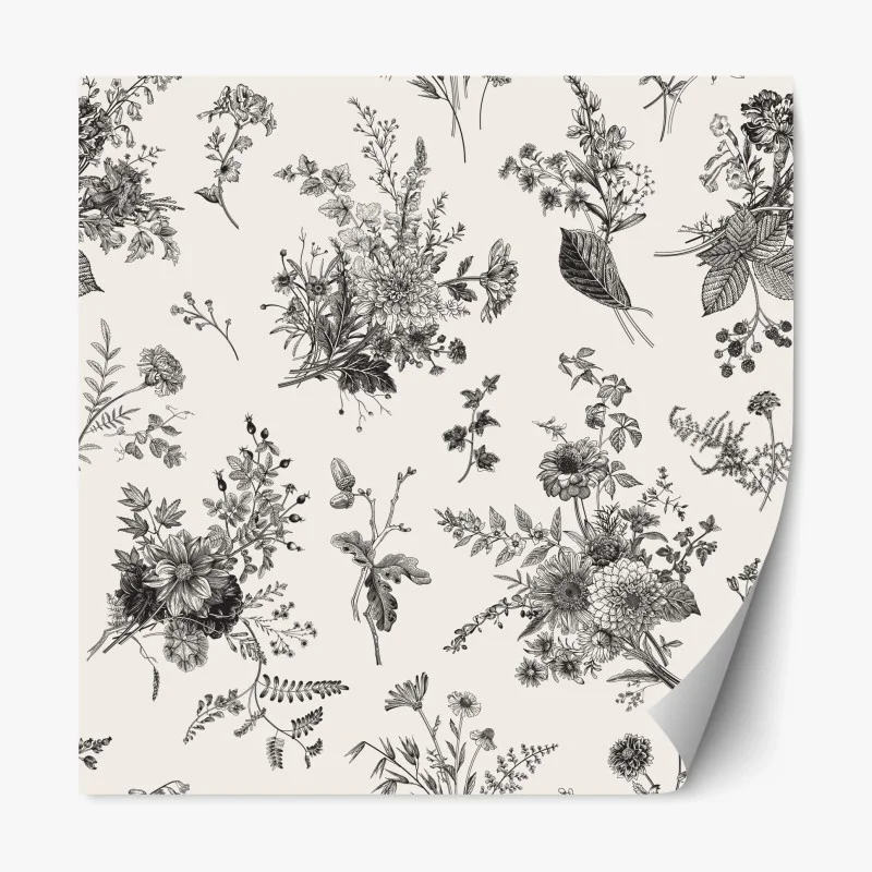 Pegatina reposicionable motivo floral otoñal en blanco y negro