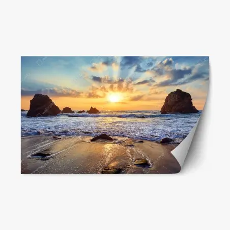 Pegatina reposicionable atardecer dorado en la costa rocosa – Pixers®