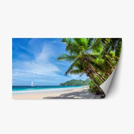 Pegatina reposicionable vista tropical de playa con palmeras y velero – Pixers®