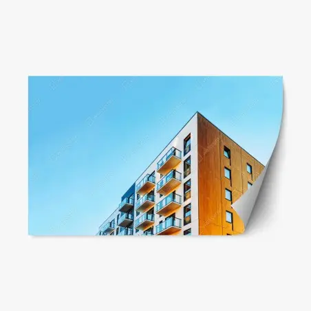 Pegatina reposicionable fachada contemporánea con balcones y cielo azul – Pixers®