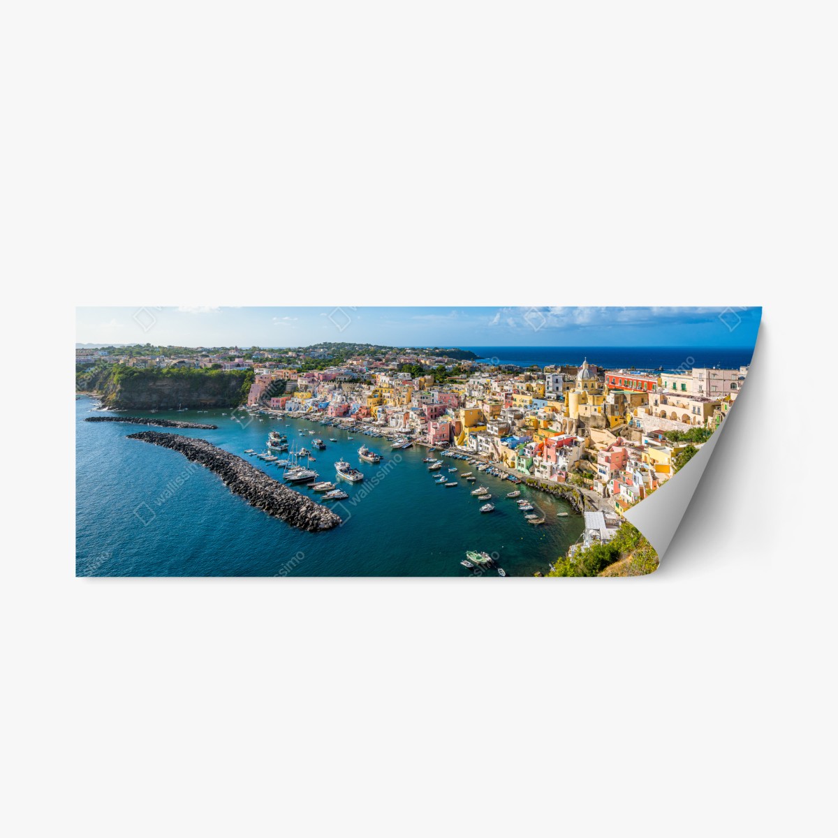Pegatina reposicionable panorámica de pueblo costero y puerto colorido – Pixers®