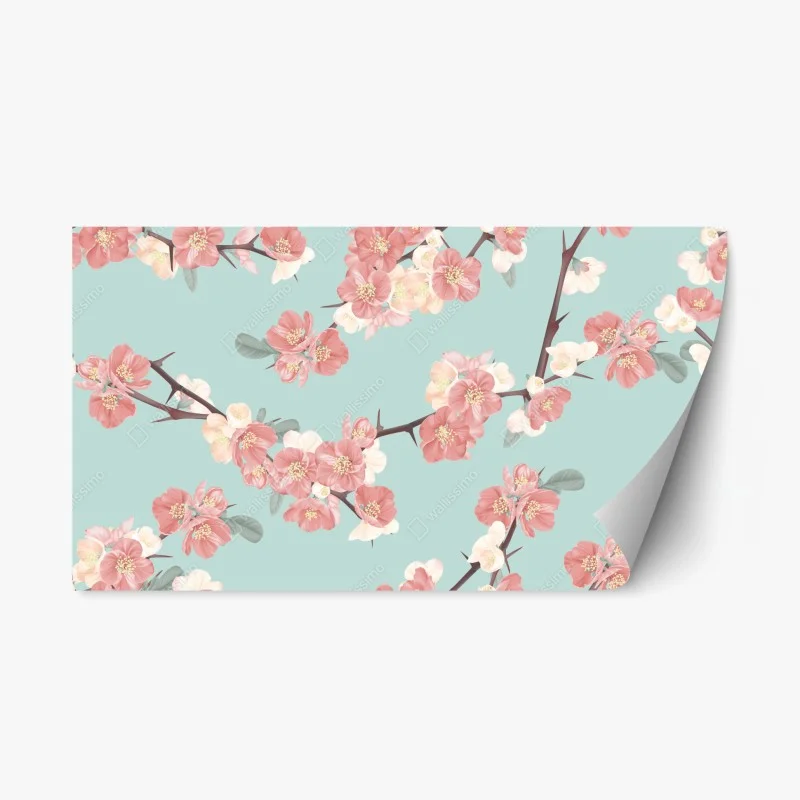 Pegatina reposicionable diseño floral de flores de cerezo sobre fondo verde menta