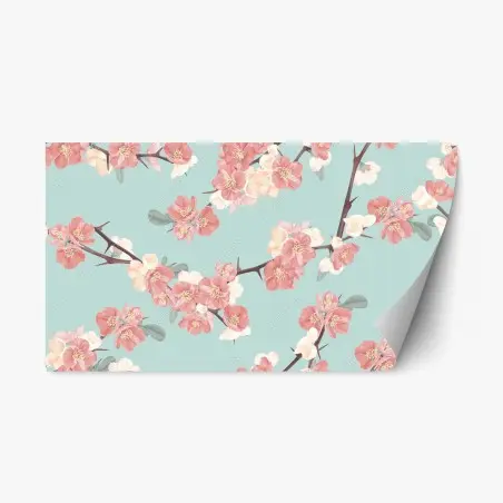 Pegatina reposicionable diseño floral de flores de cerezo sobre fondo verde menta – Pixers®