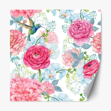 Pegatina reposicionable mural floral en acuarela con colibrí – Pixers®