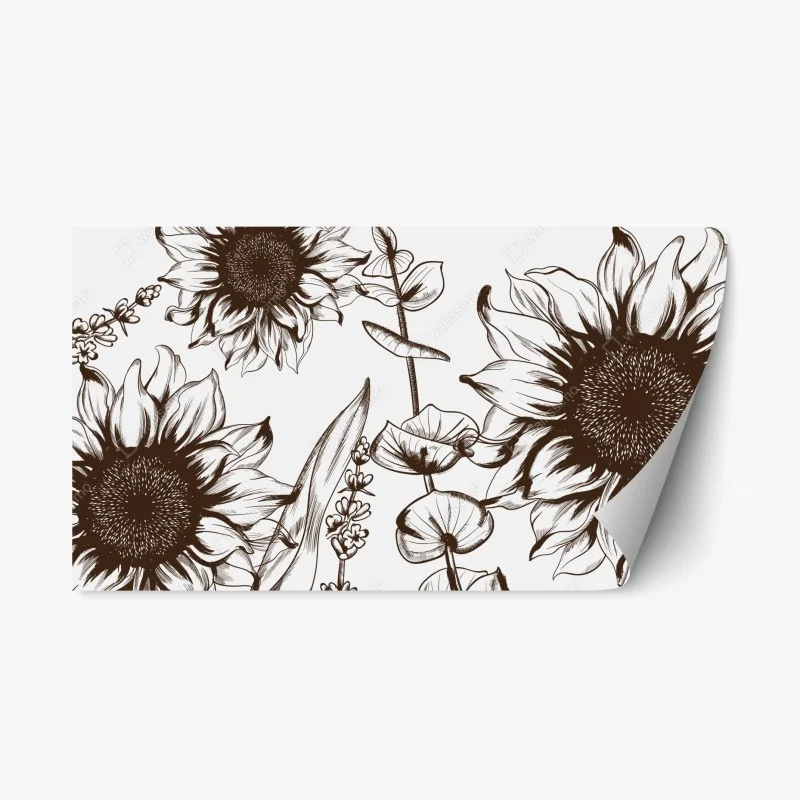 Pegatina reposicionable girasoles ilustrados en tinta estilo vintage