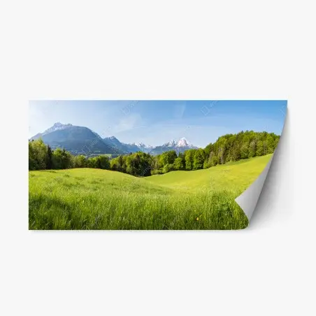 Pegatina reposicionable paisaje primaveral de pradera y montañas – Pixers®