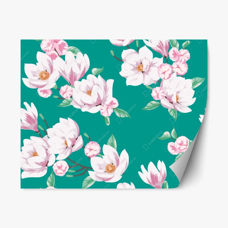 Pegatina reposicionable estampado de magnolias blancas sobre fondo verde azulado
