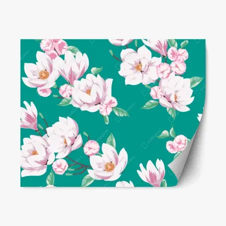 Pegatina reposicionable estampado de magnolias blancas sobre fondo verde azulado – Pixers®