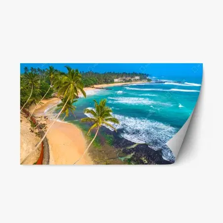 Pegatina reposicionable paisaje tropical de playa con palmeras y olas – Pixers®