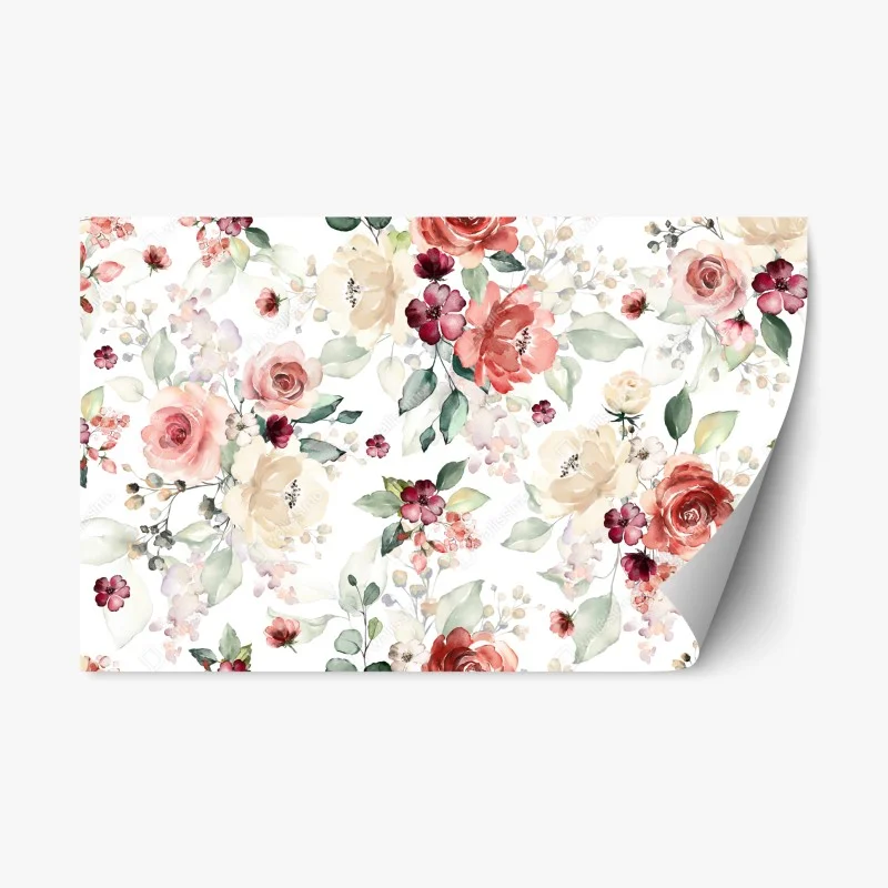 Pegatina reposicionable estampado floral en acuarela con rosas y hojas