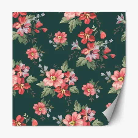Pegatina reposicionable patrón floral vintage en tonos rosa y rojo sobre fondo verde oscuro – Pixers®