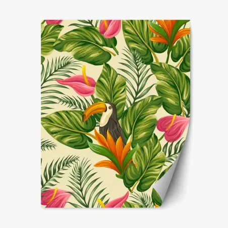 Pegatina reposicionable estampado tropical con tucán y hojas exuberantes – Pixers®