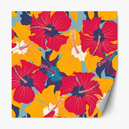 Pegatina reposicionable patrón floral retro de hibiscos coloridos – Pixers®