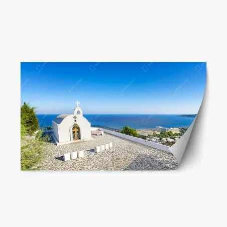 Pegatina reposicionable capilla blanca con vista al mar en Faliraki, Grecia – Pixers®
