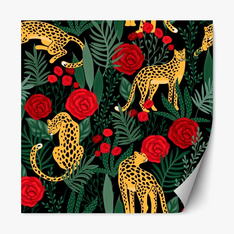 Pegatina reposicionable leopardos entre rosas y follaje