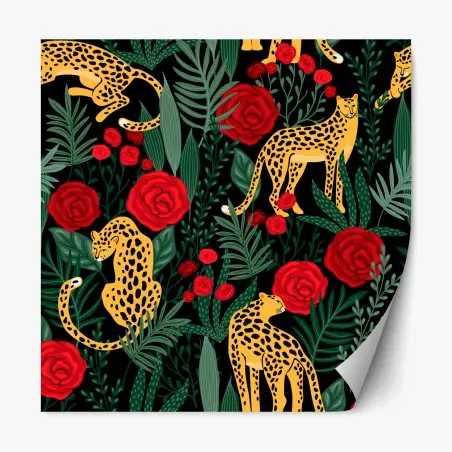 Pegatina reposicionable leopardos entre rosas y follaje – Pixers®