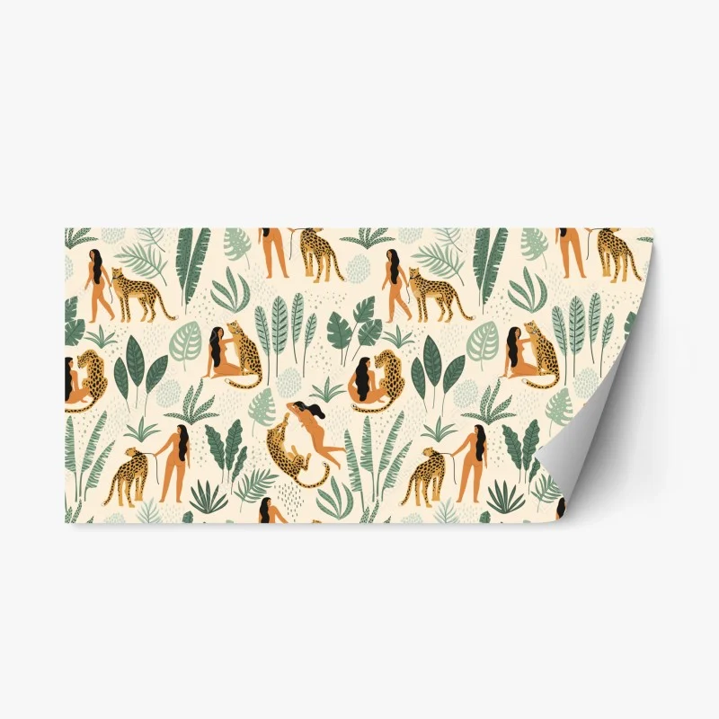Pegatina reposicionable armonía tropical entre mujeres y felinos