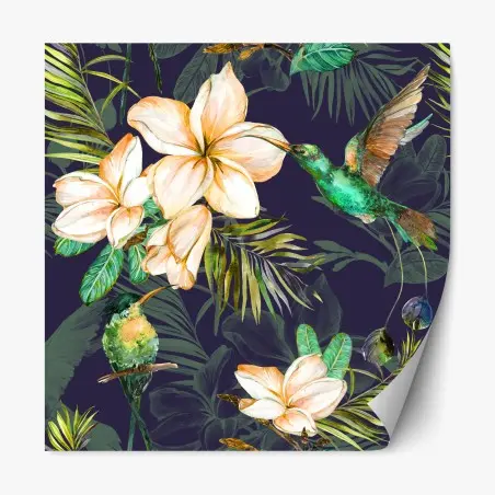 Pegatina reposicionable colibrí y flores tropicales en acuarela – Pixers®