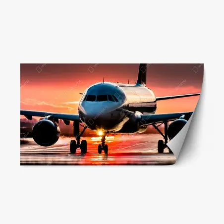 Pegatina reposicionable avión al atardecer sobre la pista – Pixers®