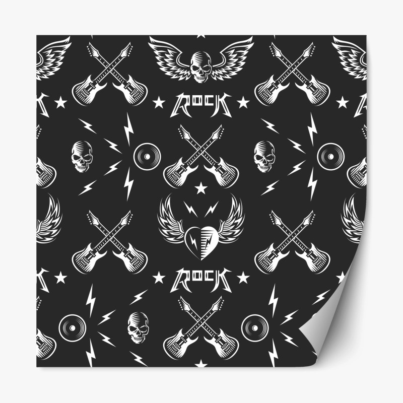 Pegatina reposicionable diseño rock en blanco y negro con guitarras y calaveras