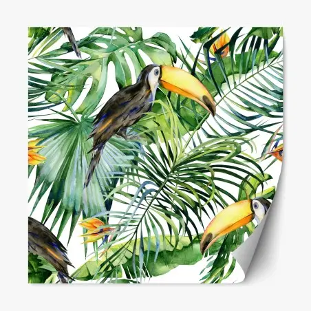 Pegatina reposicionable tucanes y hojas tropicales en acuarela – Pixers®