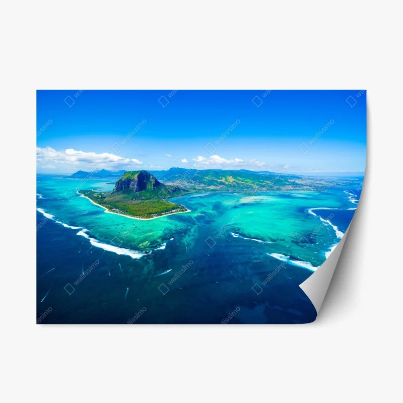 Pegatina reposicionable panorama aéreo de Le Morne Brabant y laguna turquesa