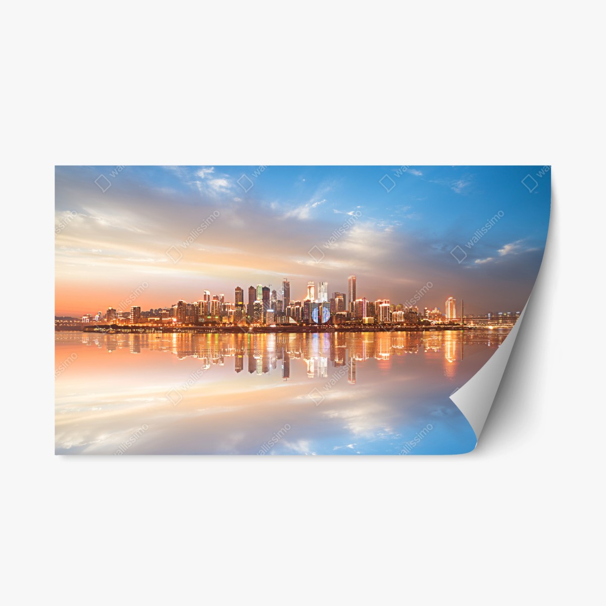 Pegatina reposicionable horizonte urbano reflejado al atardecer – Pixers®