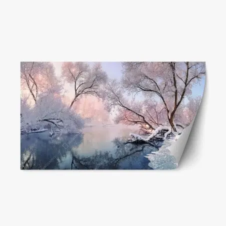 Pegatina reposicionable amanecer nevado junto al río – Pixers®