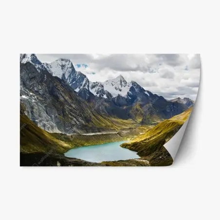 Pegatina reposicionable panorama de montaña con lago turquesa – Pixers®