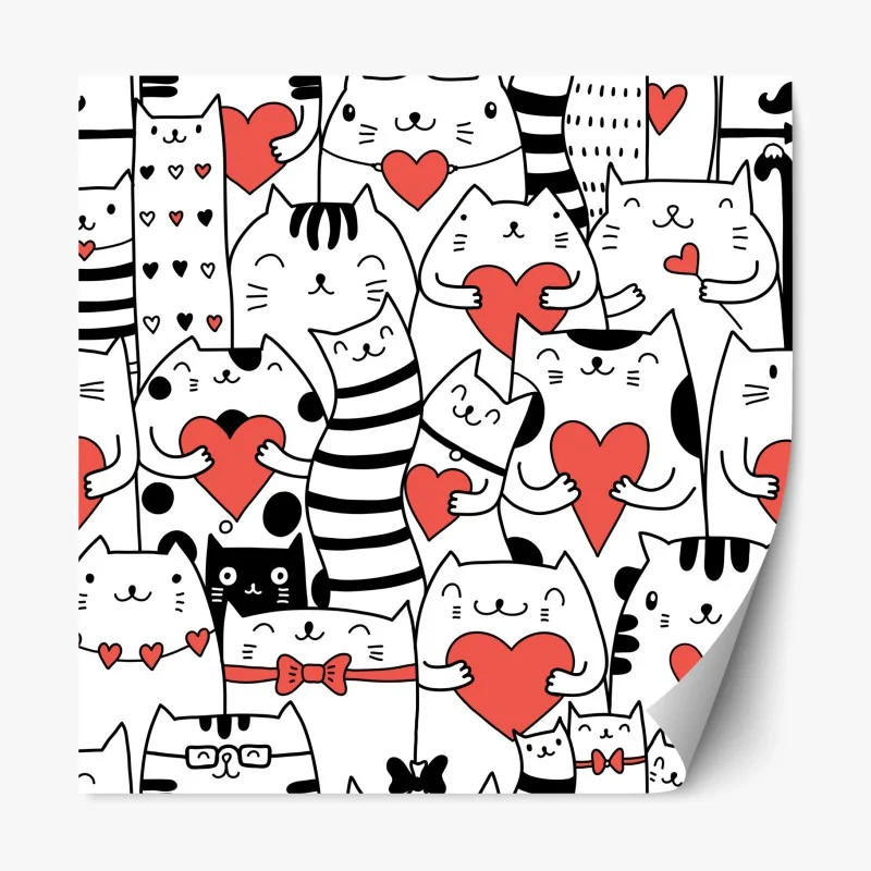 Pegatina reposicionable patrón de gatos con corazones