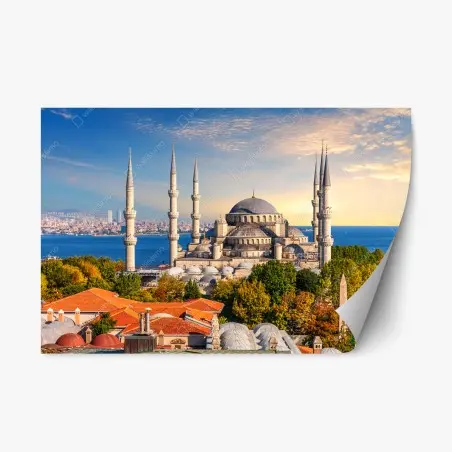 Pegatina reposicionable panorámica de la mezquita de Estambul al atardecer – Pixers®