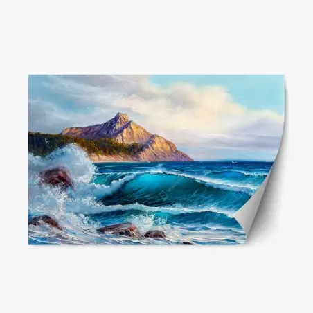 Pegatina reposicionable olas azules y acantilados dorados – Pixers®
