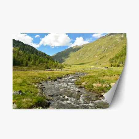 Pegatina reposicionable panorama de valle alpino con arroyo cristalino – Pixers®