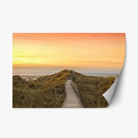 Pegatina reposicionable sendero de madera hacia la playa de Norddorf en Amrum al atardecer – Pixers®