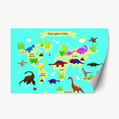 Pegatina reposicionable mapa del mundo con dinosaurios coloridos – Pixers®