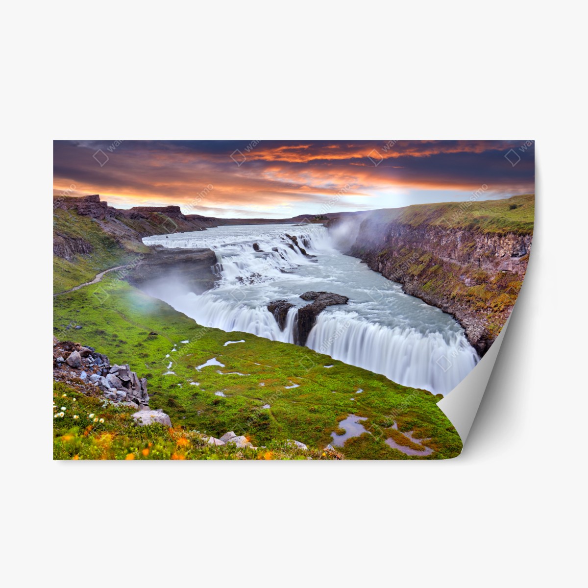Pegatina reposicionable panorámica de Gullfoss, cascada majestuosa de Islandia – Pixers®