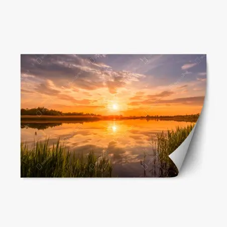 Pegatina reposicionable puesta de sol dorada sobre el lago – Pixers®