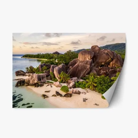 Pegatina reposicionable escena del paraíso rocoso en La Digue, Seychelles – Pixers®