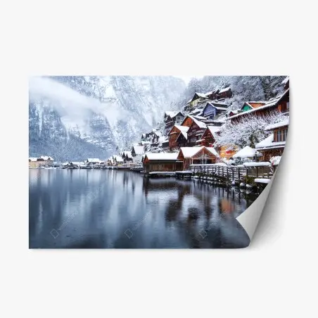 Pegatina reposicionable paisaje nevado de Hallstatt, Austria – Pixers®