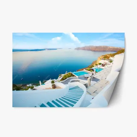 Pegatina reposicionable mural de paisaje costero de Santorini – Pixers®