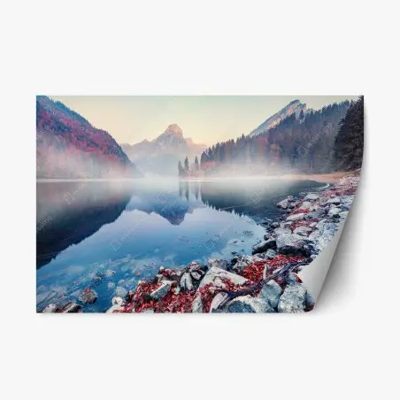 Pegatina reposicionable amanecer neblinoso en Obersee, Suiza – Pixers®