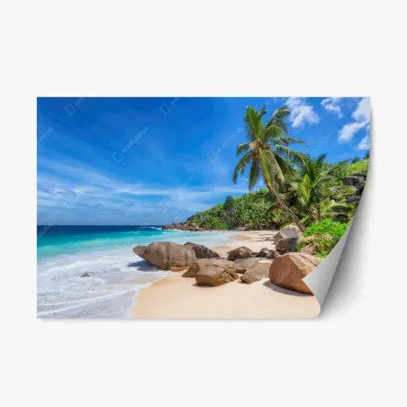 Pegatina reposicionable escena de playa tropical con palmeras y rocas – Pixers®