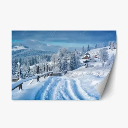 Pegatina reposicionable sendero hacia el pueblo alpino nevado – Pixers®