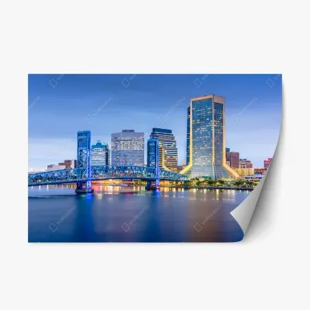 Pegatina reposicionable atardecer en Jacksonville: horizonte urbano iluminado – Pixers®