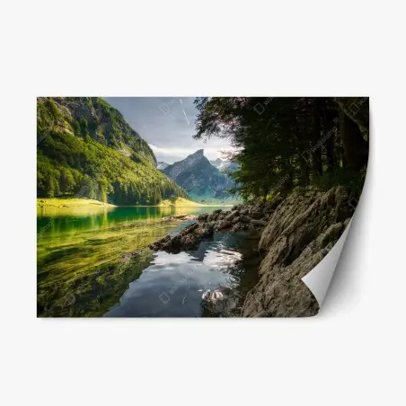 Pegatina reposicionable paisaje sereno de lago y montañas – Pixers®