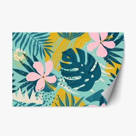 Pegatina reposicionable diseño tropical moderno con hojas de monstera y hibisco – Pixers®